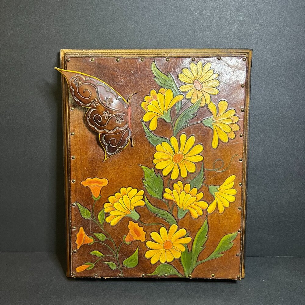 Vintage Unique Hand Tooled Leather Floral & 3D Butterfly Wooden Plaque Wall Art